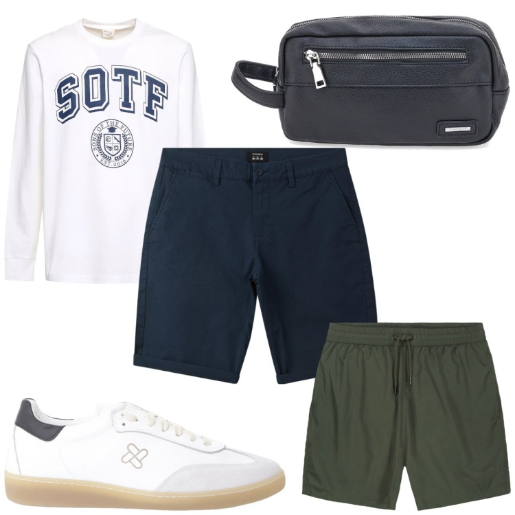 Outfit uomo - Total look #2221848. Stile Trendy per Mare. Abbinamento con bermuda, sneakers, costumi, borse sportive, t-shirt.