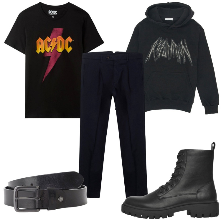 Outfit uomo - Total look #2221851. Stile Biker Rock per Tutti i giorni. Abbinamento con anfibi, t-shirt, cinture, felpe con cappuccio, pantaloni.