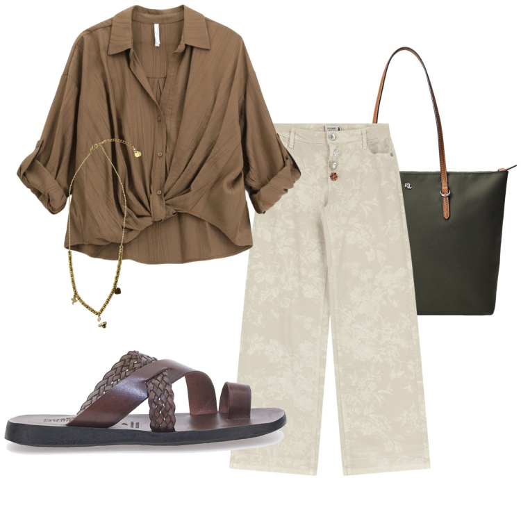 Outfit donna - Total look #2221853. Stile Casual per Tutti i giorni. Abbinamento con pantaloni, camicie, ciondoli, borse tote, ciabatte.