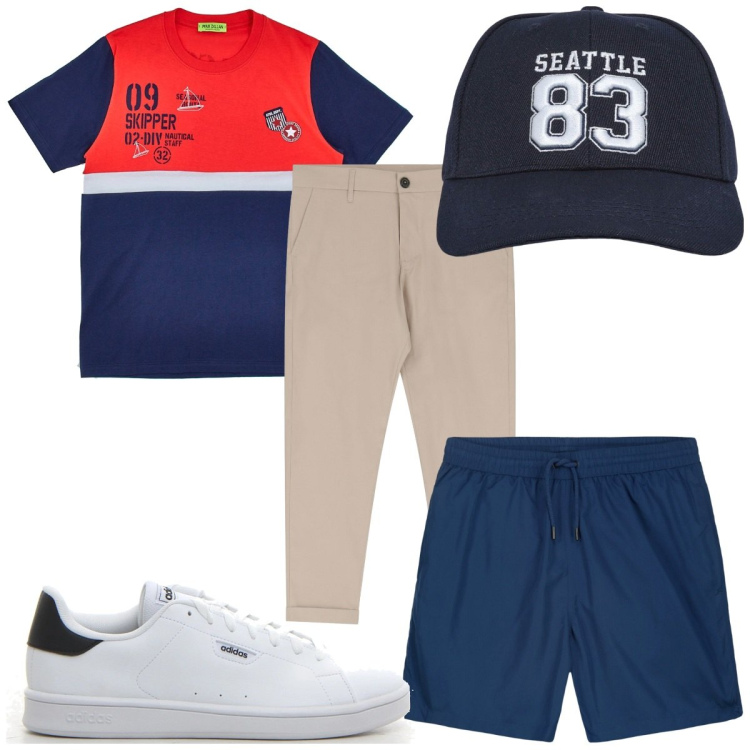 Outfit uomo - Total look #2221869. Stile Trendy per Mare. Abbinamento con cappelli, pantaloni, costumi, t-shirt, sneakers.