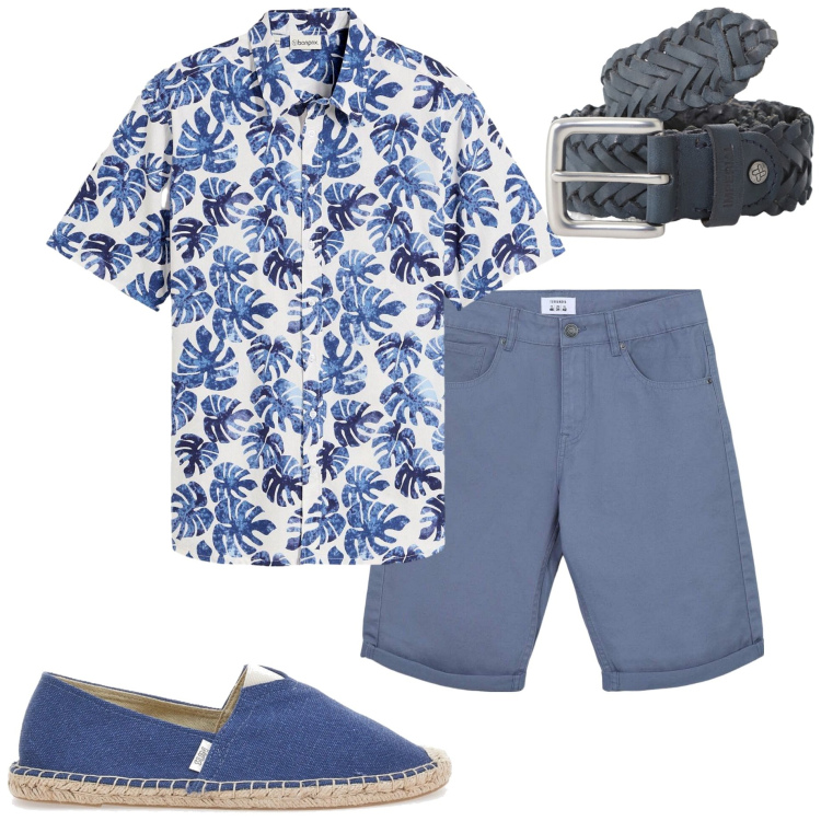 Outfit uomo - Camicia hawaiana rivisitata. Stile Casual per Mare. Abbinamento con camicie a manica corta, bermuda, cinture, espadrillas.