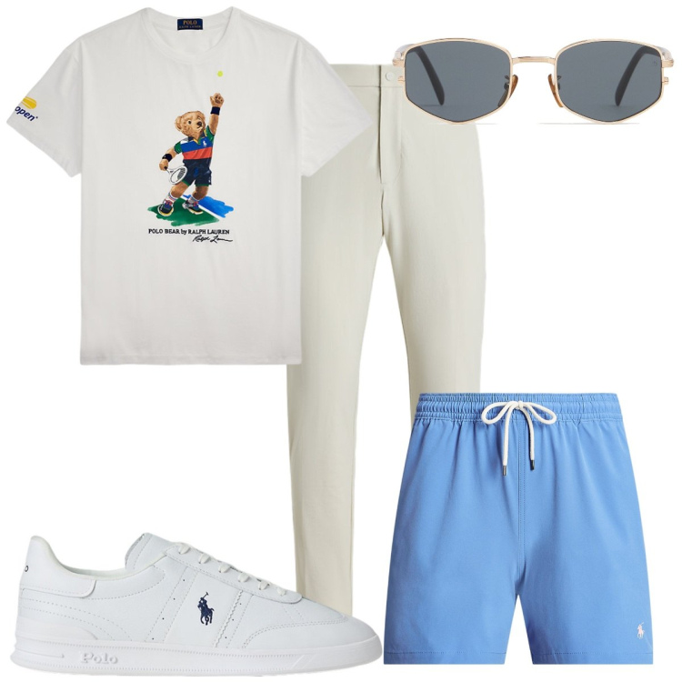 Outfit uomo - Total look #2221876. Stile Trendy per Mare. Abbinamento con costumi, sneakers, pantaloni, t-shirt, occhiali da sole.
