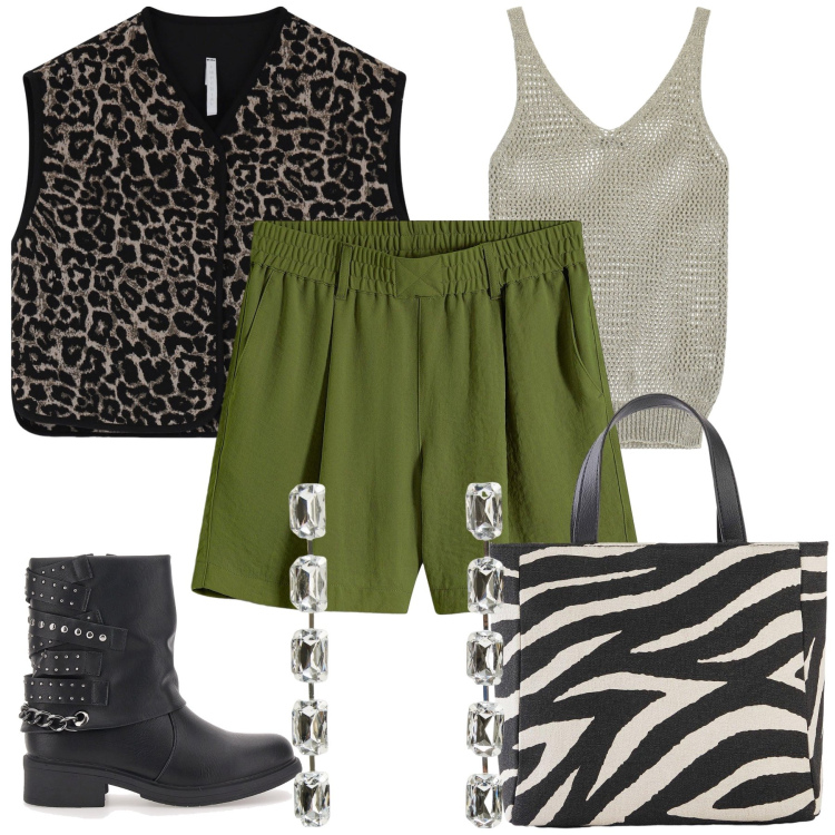 Outfit donna - Aperitivo ad alta quota. Stile Trendy per Serata fuori. Abbinamento con borse a mano, bermuda, orecchini, canottiere, gilet, stivaletti.