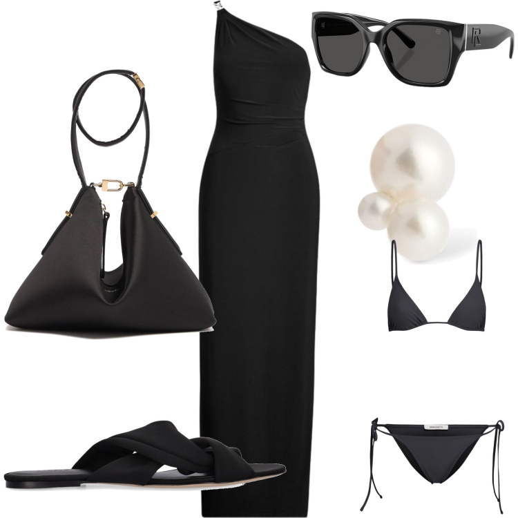 Outfit donna - LBD on the beach. Stile Chic per Mare. Abbinamento con occhiali da sole, vestiti asimmetrici, sandali col tacco, orecchini, bikini, pochette.