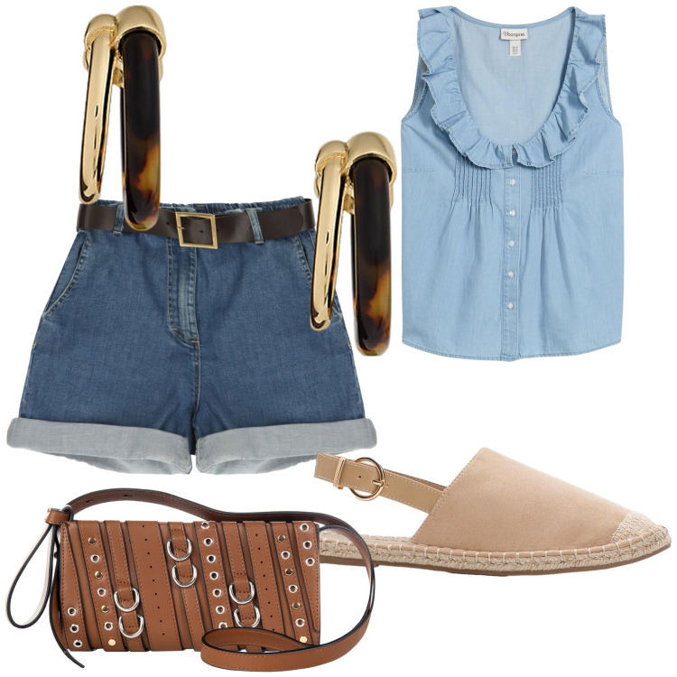 Outfit donna - Cappuccino al bar. Stile Casual chic per Tutti i giorni. Abbinamento con espadrillas, top, borse a spalla, bermuda, orecchini.