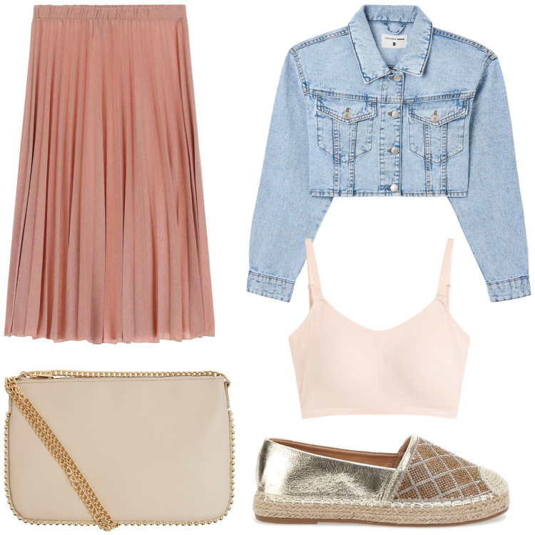 Outfit donna - Un contrasto chic. Stile Urban per Tutti i giorni. Abbinamento con bralette, borse a tracolla, blazer, gonne, espadrillas.