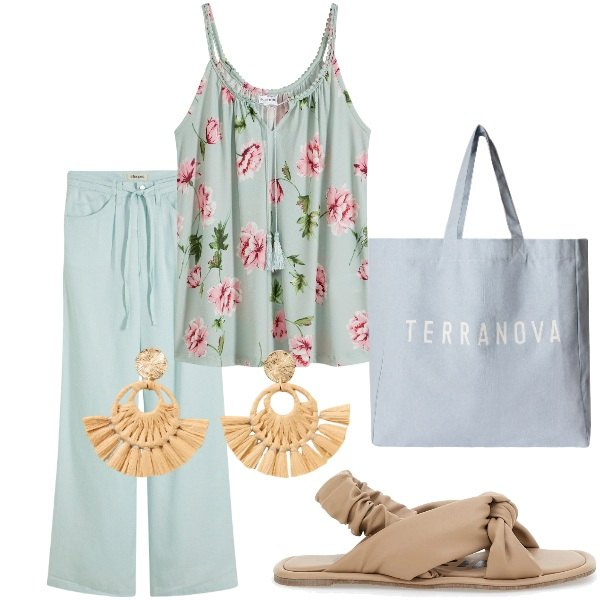 Outfit donna - E siamo in Agosto....... Stile Casual per Tutti i giorni. Abbinamento con top, orecchini, pantaloni, borse tote, sandali.