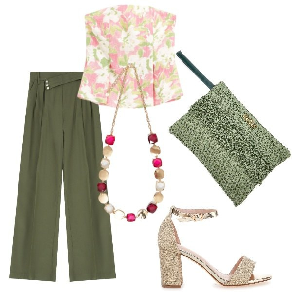 Outfit donna - A cena fuori. Stile Casual chic per Serata fuori. Abbinamento con top, pantaloni, sandali col tacco, collane, pochette.