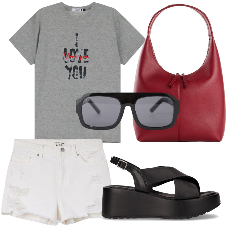 Outfit donna - La t-shirt con la stampa. Stile Glamour per Tutti i giorni. Abbinamento con shopping bag, shorts, t-shirt, occhiali da sole, sandali.