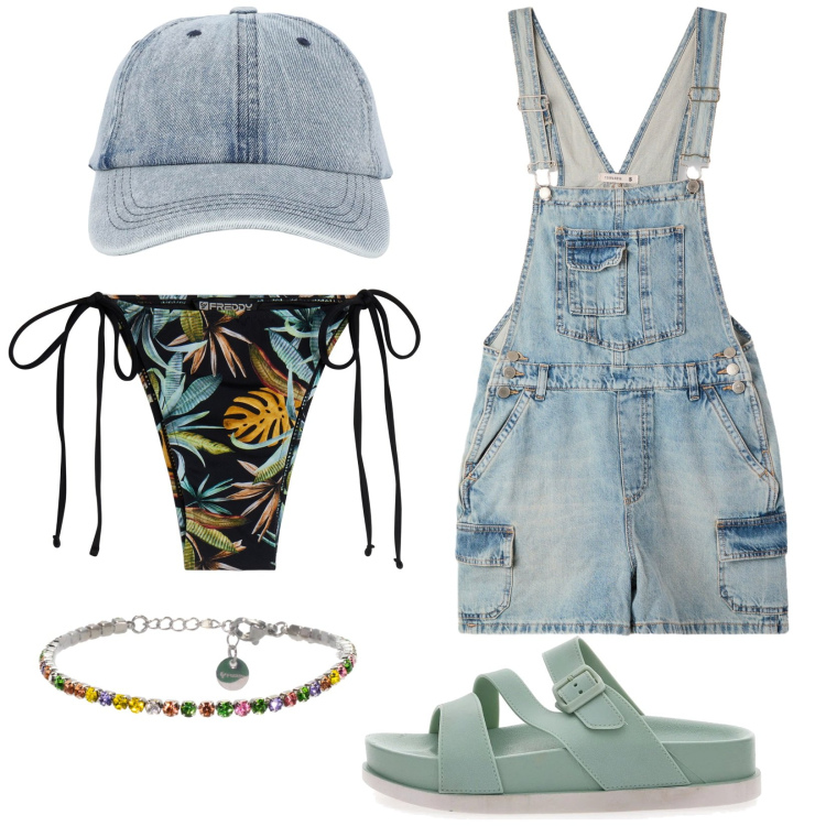 Outfit donna - Agosto. Stile Trendy per Mare. Abbinamento con cappelli con visiera, vestiti senza maniche, bikini, braccialetti, ciabatte.