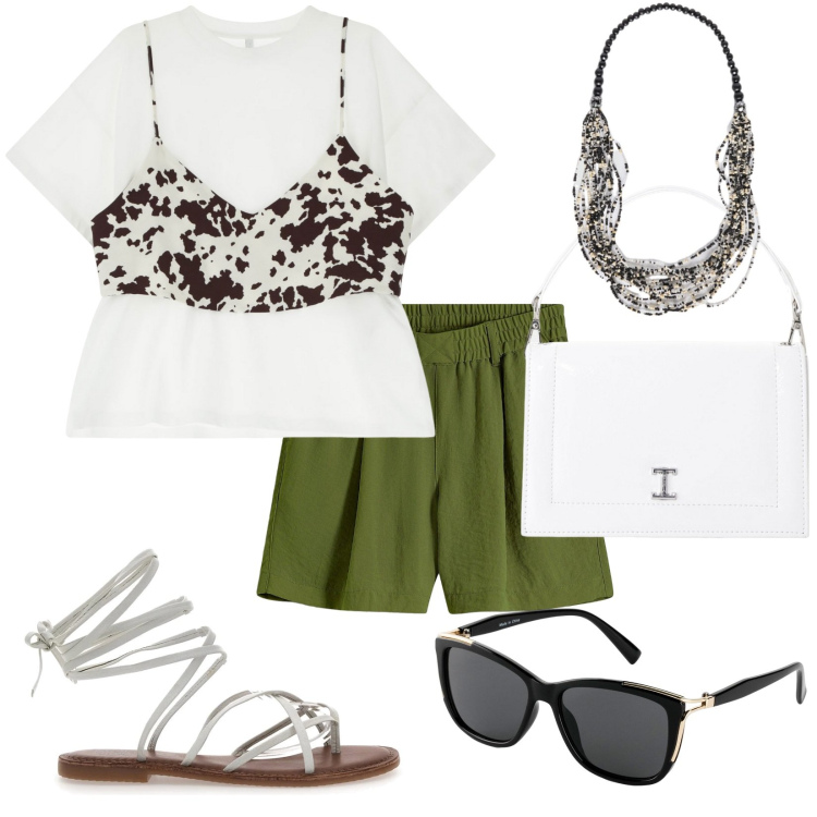 Outfit donna - T-shirt mucca. Stile Trendy per Tutti i giorni. Abbinamento con occhiali da sole, bermuda, borse a tracolla, t-shirt, sandali, collane.