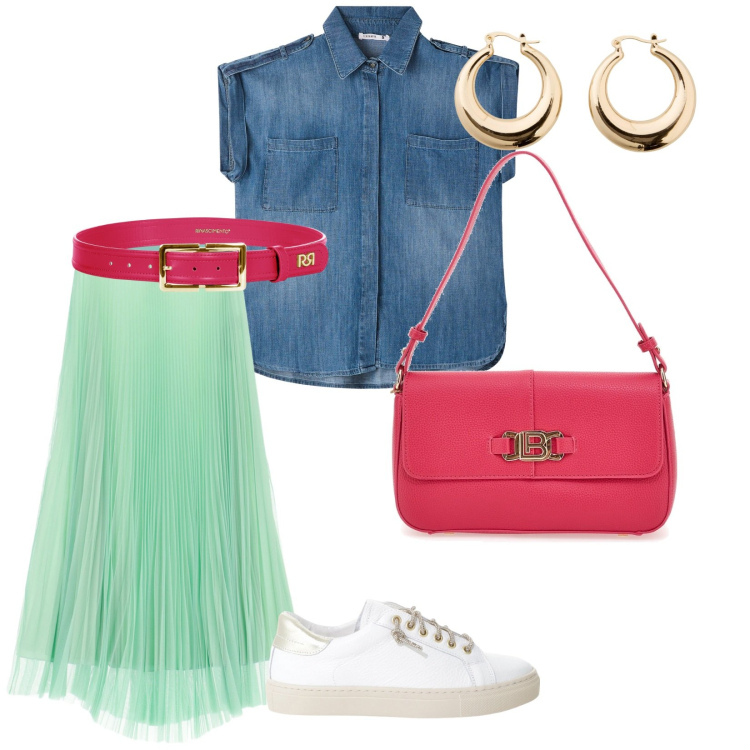 Outfit donna - Denim e tulle. per Tutti i giorni. Abbinamento con orecchini, camicie a manica corta, cinture, gonne lunghe, sneakers, borse a spalla.