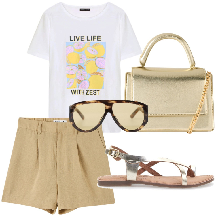 Outfit donna - La t-shirt con la stampa. Stile Glamour per Tutti i giorni. Abbinamento con bermuda, borse a tracolla, occhiali da sole, sandali in pelle, t-shirt.