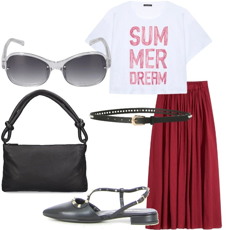 Outfit donna - La t-shirt con la stampa - @nike75. Stile Urban per Tutti i giorni. Abbinamento con gonne lunghe, cinture, t-shirt, occhiali da sole, borse a spalla, sandali in pelle.