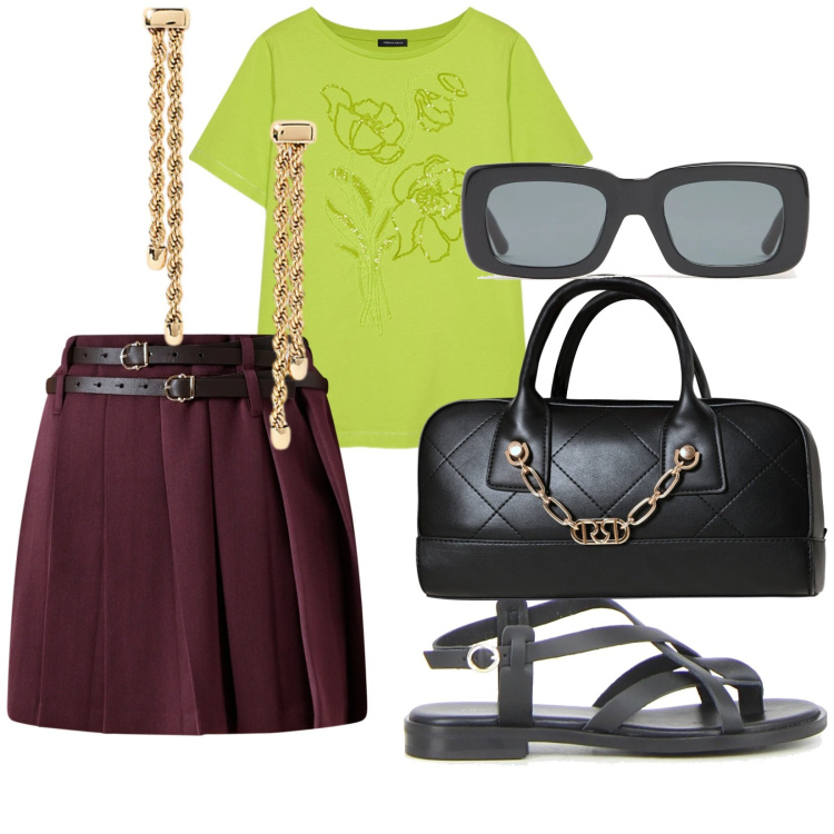 Outfit donna - La t-shirt con la stampa. per Serata fuori. Abbinamento con minigonne, borse a mano, orecchini, t-shirt, occhiali da sole, sandali.