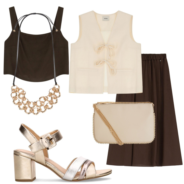 Outfit donna - Sandalo sera. Stile Trendy per Serata fuori. Abbinamento con borse a tracolla, gilet, gonne longuette, top, collane, sandali col tacco.