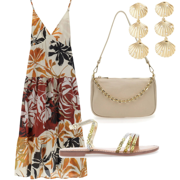 Outfit donna - Cena al tramonto. per Serata fuori. Abbinamento con orecchini, vestiti lunghi, sandali, borse a tracolla.