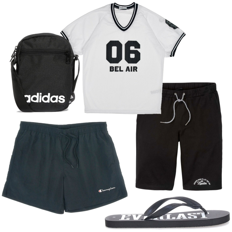 Outfit uomo - Total look #2221961. Stile Casual per Mare. Abbinamento con bermuda, borse sportive, costumi, sandali, t-shirt sportive.