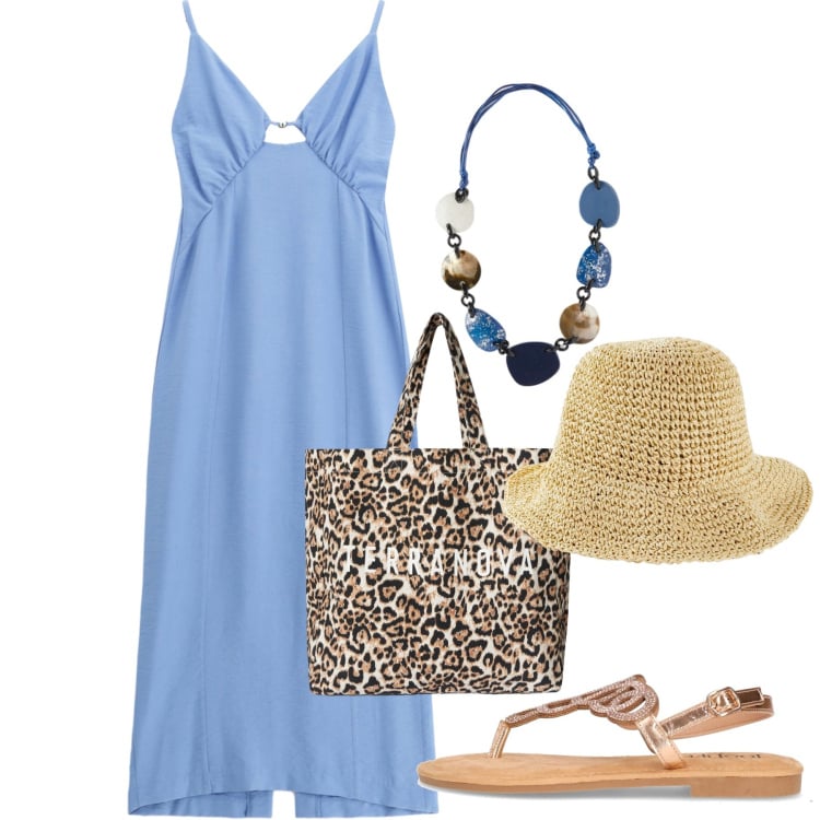 Outfit donna - Sandali estivi: estate ai tuoi piedi. Stile Romantica per Tutti i giorni. Abbinamento con cappelli, borse tote, vestiti midi/longuette, sandali in pelle, collane.