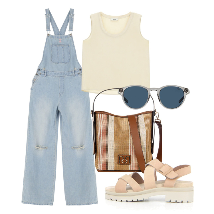 Outfit donna - Sandali estivi: estate ai tuoi piedi. Stile Casual per Tutti i giorni. Abbinamento con borse a secchiello, salopette, canottiere, occhiali da sole, sandali.