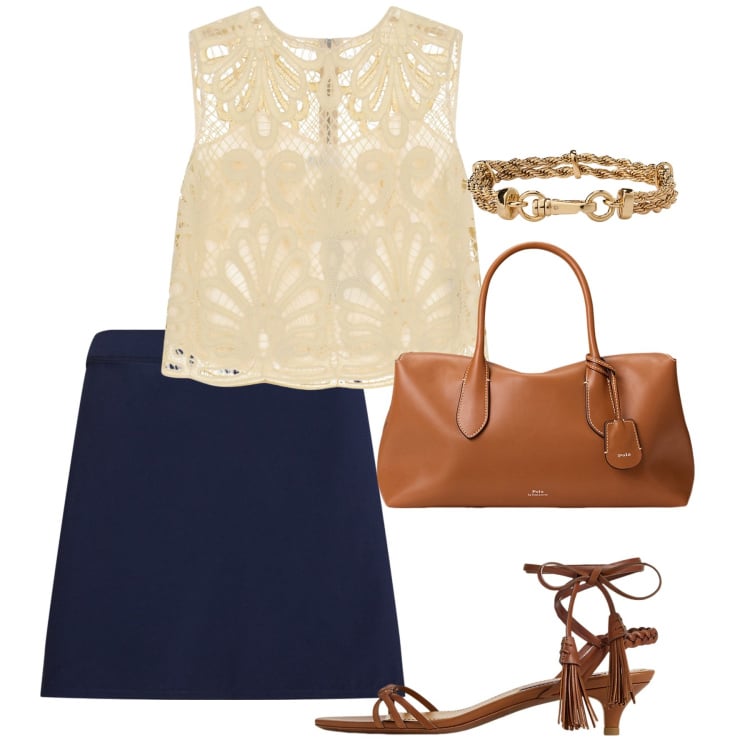 Outfit donna - Sandali estivi: estate ai tuoi piedi. Stile Chic per Ufficio. Abbinamento con top, minigonne, borse a mano, braccialetti, sandali col tacco.