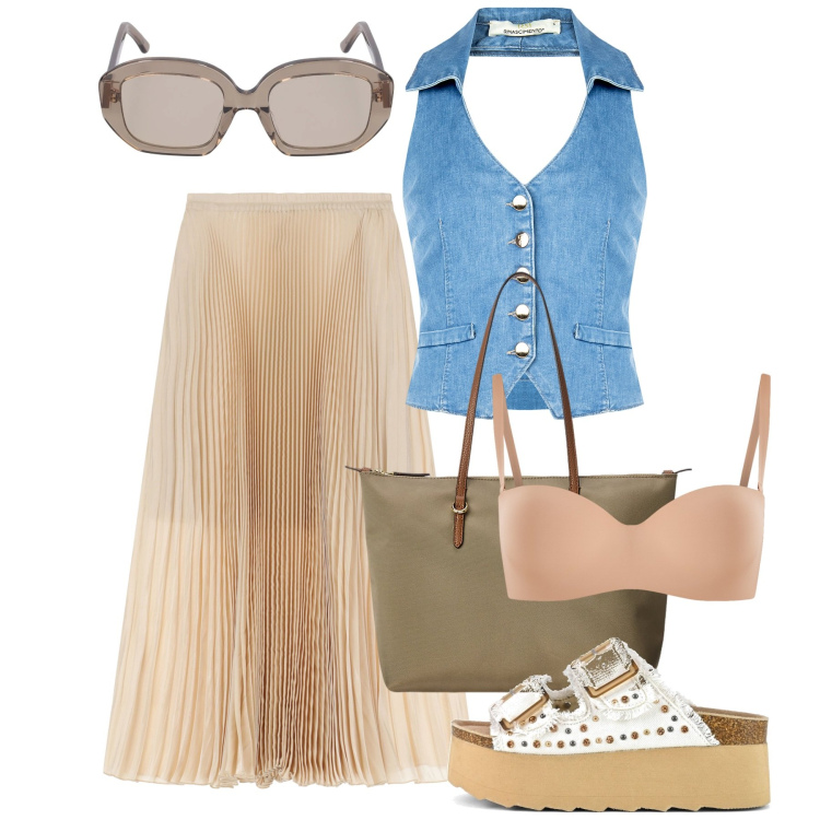 Outfit donna - Denim e tulle per il giorno - @angelbeau. Stile Chic per Tutti i giorni. Abbinamento con reggiseni, gilet, gonne lunghe, borse tote, sandali, occhiali da sole.