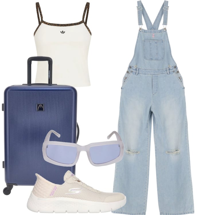 Outfit donna - Parto comoda. Stile Casual per Tutti i giorni. Abbinamento con salopette, sneakers, occhiali da sole, valigie, canottiere.