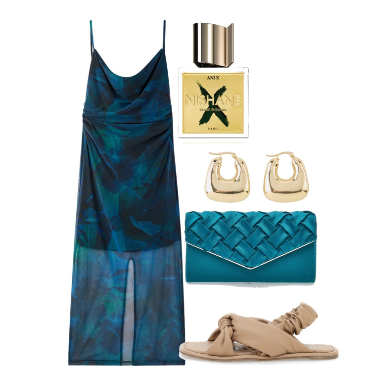 Outfit donna - Blu oltremare. Stile Chic per Serata fuori. Abbinamento con orecchini, profumi, vestiti lunghi, borse a tracolla, sandali.