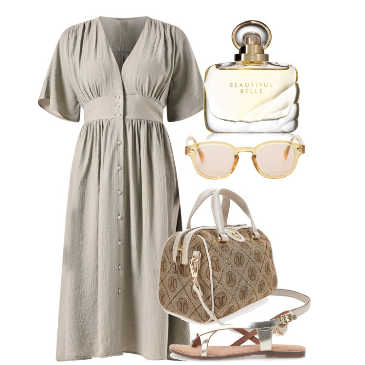 Outfit donna - Sabato relax. Stile Bon Ton per Tutti i giorni. Abbinamento con profumi, vestiti chemisier, occhiali da sole, sandali in pelle, borse a mano.