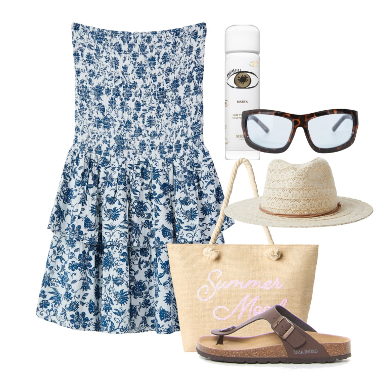 Outfit donna - Strapless in città. Stile Bon Ton per Tutti i giorni. Abbinamento con profumi, vestiti corti, cappelli, borse tote, occhiali da sole, ciabatte.