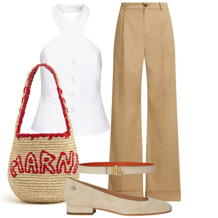 Outfit donna - Agosto in città. Stile Glamour per Tutti i giorni. Abbinamento con cinture, pantaloni, ballerine, top, borse a spalla.