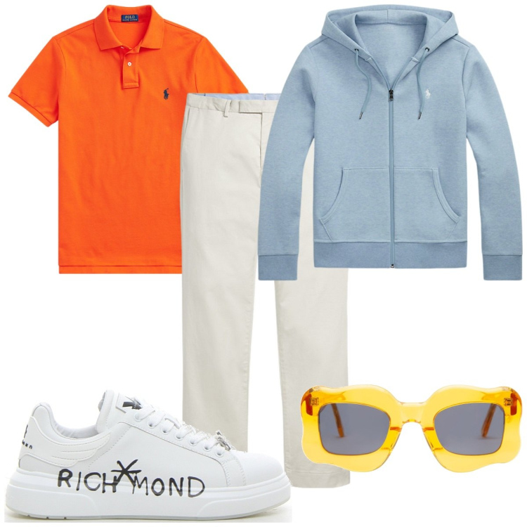 Outfit uomo - Total look #2222032. Stile Trendy per Tutti i giorni. Abbinamento con polo, pantaloni chino, felpe, sneakers, occhiali da sole.