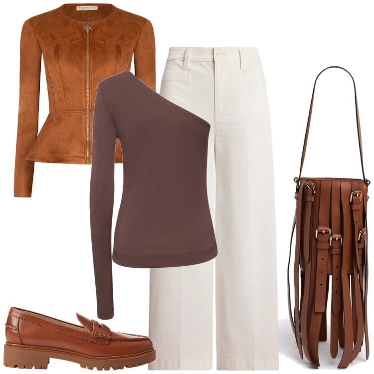 Outfit donna - Tinta cuoio. Stile Trendy per Tutti i giorni. Abbinamento con blazer, pantaloni, mocassini, shopping bag, top.