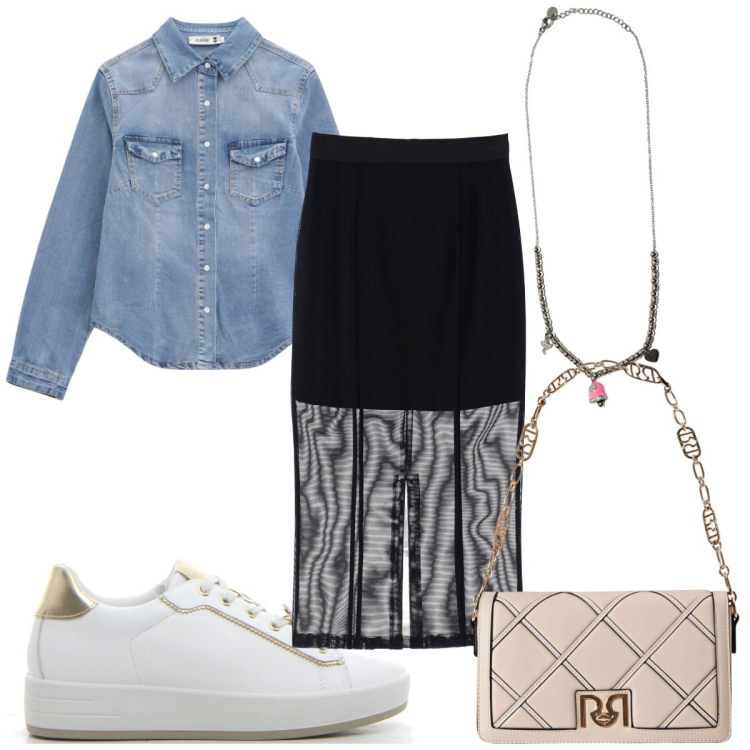 Outfit donna - Denim e tulle: trendy e femminile. Stile Trendy per Tutti i giorni. Abbinamento con borse a tracolla, camicie, gonne, ciondoli, sneakers.