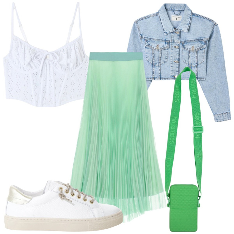 Outfit donna - Denim e tulle per tutto il giorno: color. Stile Boho per Tutti i giorni. Abbinamento con top, blazer, gonne lunghe, sneakers, borse a tracolla.