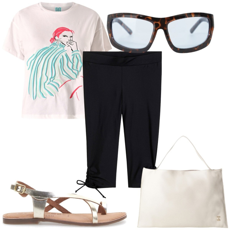 Outfit donna - La t-shirt con le stampe: trendy in citt. Stile Trendy per Tutti i giorni. Abbinamento con pantaloni capri, t-shirt, occhiali da sole, borse a spalla, sandali in pelle.