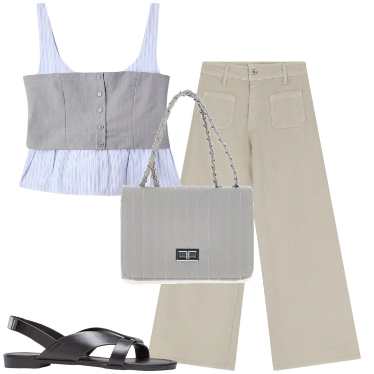 Outfit donna - Agosto. Stile Casual per Tutti i giorni. Abbinamento con sandali, top, pantaloni, borse a tracolla.