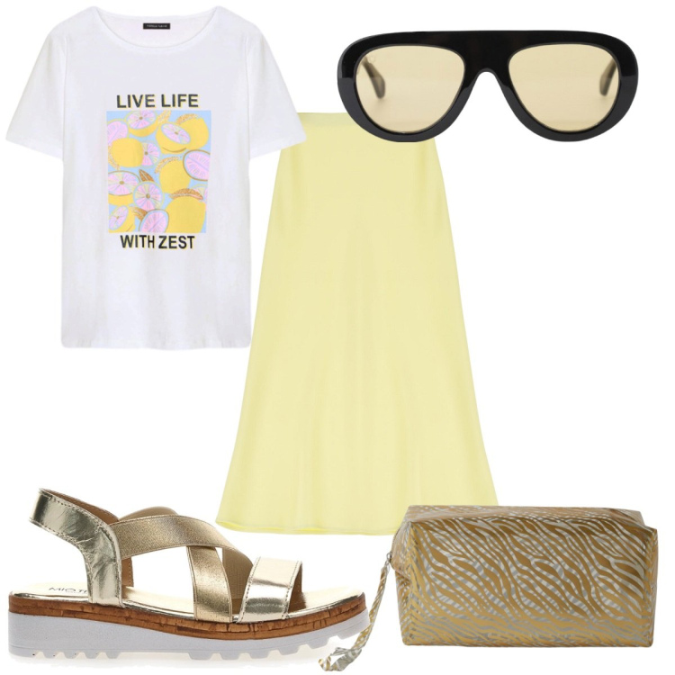 Outfit donna - La t-shirt con la stampa: trendy e color. Stile Trendy per Tutti i giorni. Abbinamento con pochette, occhiali da sole, gonne longuette, sandali, t-shirt.