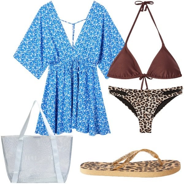 Outfit donna - Si va al mare. Stile Basic per Mare. Abbinamento con vestiti corti, bikini, infradito, shopping bag, bikini.