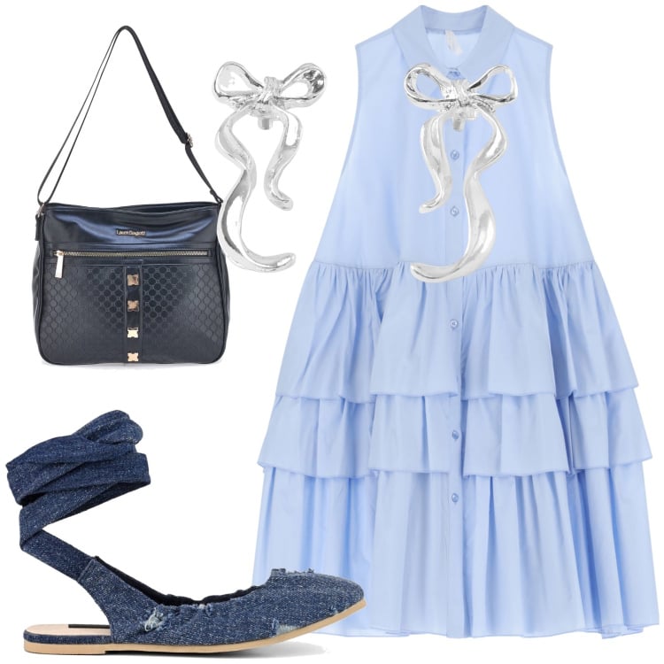 Outfit donna - Romanticismo in azzurro. Stile Romantica per Serata fuori. Abbinamento con orecchini, vestiti corti, borse a tracolla, ballerine.