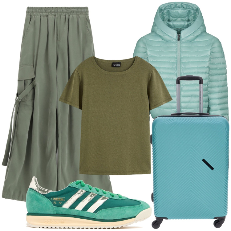 Outfit donna - Viaggio verso le verdi alture. Stile Sporty chic per Tutti i giorni. Abbinamento con t-shirt, pantaloni cargo, piumini, valigie, sneakers.