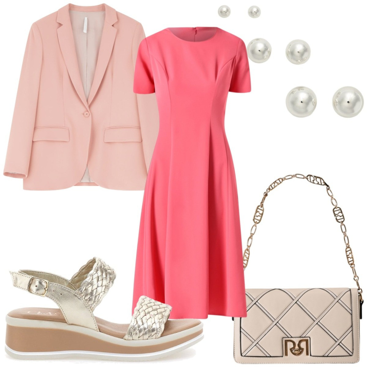 Outfit donna - Stasera cena elegante. Stile Chic per Serata fuori. Abbinamento con borse a tracolla, vestiti midi/longuette, blazer, orecchini, sandali.