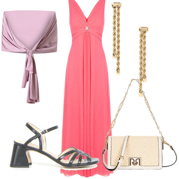 Outfit donna - Cena elegante in riva al mare. Stile Trendy per Serata fuori. Abbinamento con scialli, vestiti lunghi, borse a tracolla, orecchini, sandali col tacco.