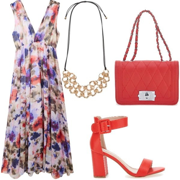 Outfit donna - A cena fuori. Stile Casual per Serata fuori. Abbinamento con vestiti lunghi, sandali col tacco, collane, borse a tracolla.