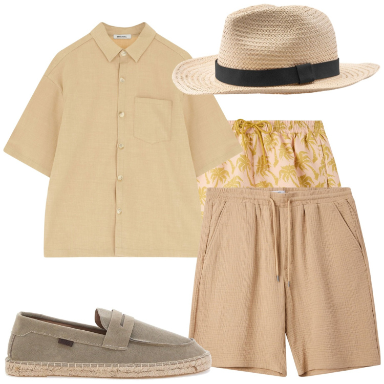 Outfit uomo - Costumi da bagno minimal. Stile Casual per Mare. Abbinamento con costumi, pantaloni corti, camicie a manica corta, espadrillas, cappelli.