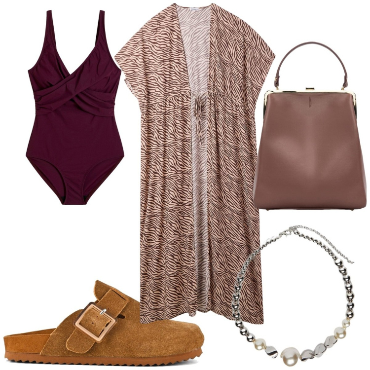 Outfit donna - Caftano elegante per le sere d\'agosto: e. Stile Etnico per Mare. Abbinamento con costumi interi, caftani, sabot, borse a spalla, collane.