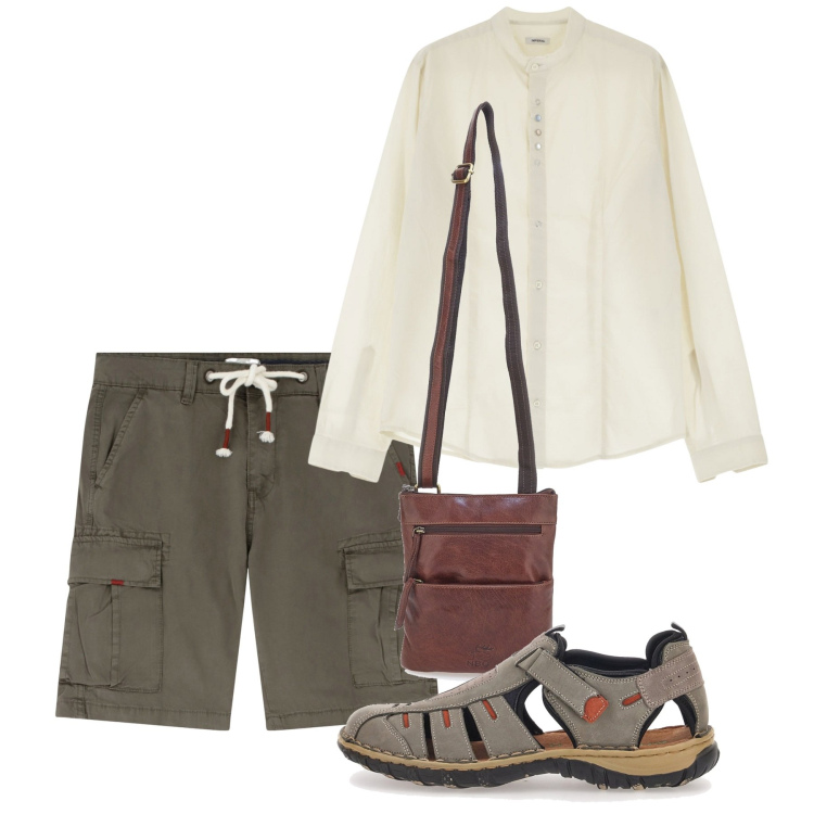 Outfit uomo - Agosto. Stile Casual per Tutti i giorni. Abbinamento con camicie, bermuda, portafogli, sandali.