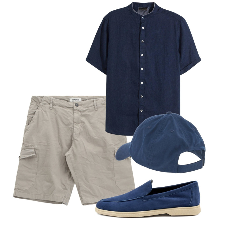 Outfit uomo - Agosto. Stile Casual per Tutti i giorni. Abbinamento con camicie a manica corta, bermuda, cappelli, scarpe stringate.