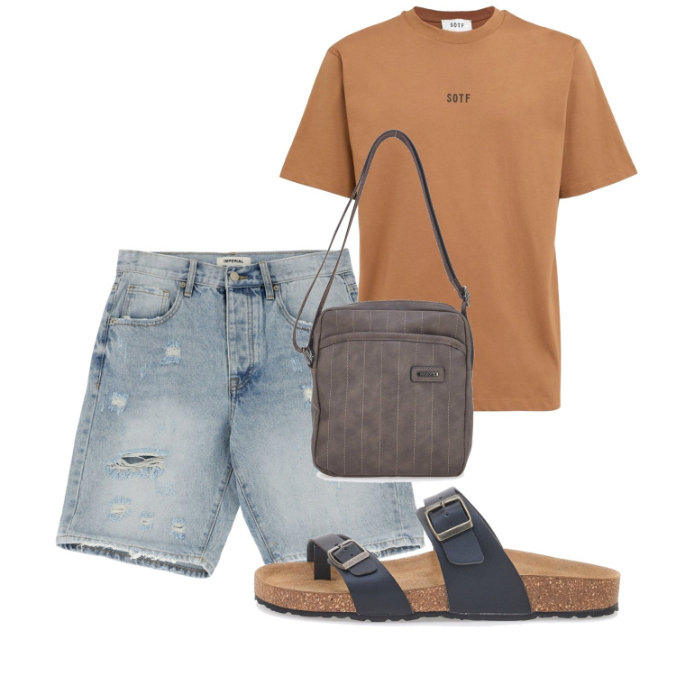 Outfit uomo - Agosto. Stile Casual per Tutti i giorni. Abbinamento con bermuda, portafogli, sandali, t-shirt.