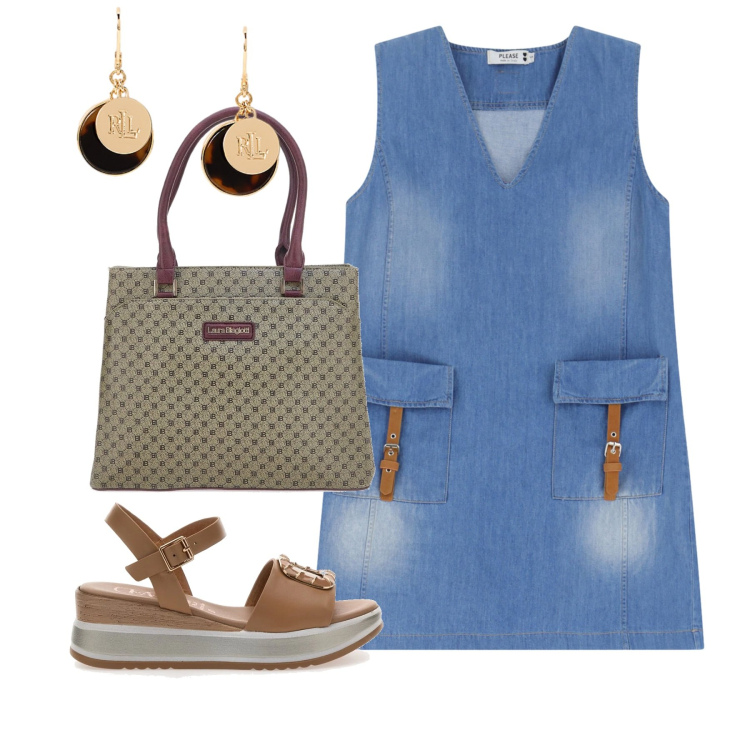 Outfit donna - Camicione denim. Stile Bon Ton per Tutti i giorni. Abbinamento con vestiti corti, orecchini, sandali, borse a spalla.